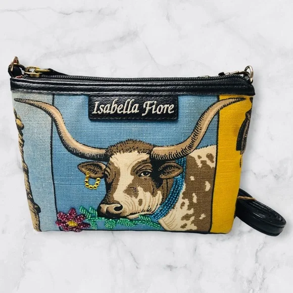 Isabella Fiore Vintage Texas Longhorn Embroidered Embellished Designer Purse Bag - Picture 9 of 9